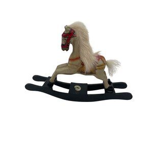 Vintage Wooden Rocking Horse Figurine With Faux Fur Mane & Red Painted Details
